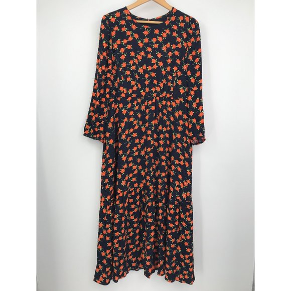 J. Crew Floral Maxi Long Sleeve Dress Navy Size 16 - Picture 1 of 8